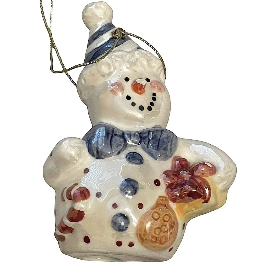 Set of 8 Vintage Pearlescent Ceramic Snowmen or Snow People Ornaments